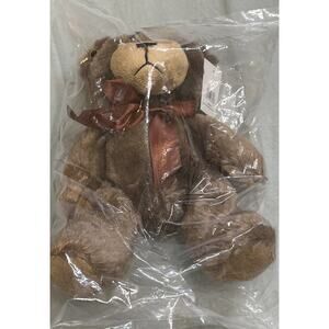 Napco Brown Tan Bear Plush Teddy Bear Toy Stuffed Animal Brown Satin Ribbon